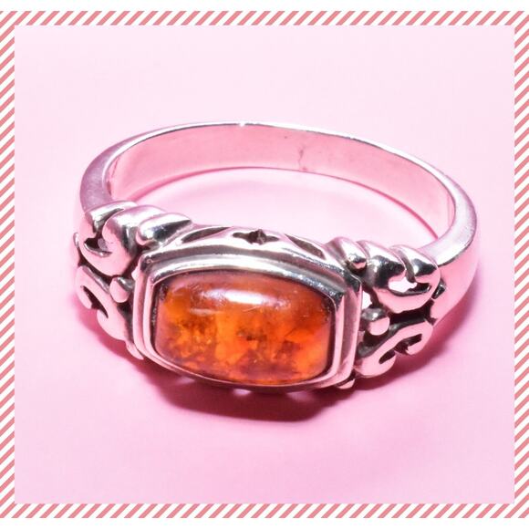 VTG Sterling Silver Amber Gemstone Damask Floral Motif Ring Approximate Size 9 - Picture 3 of 16